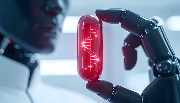 A futuristic image of a robot hand holding a capsule with a DNA strand - Powered by Adobe