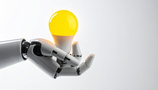 A robotic hand holding a glowing yellow light bulb, representing innovation and new ideas - Powered by Adobe
