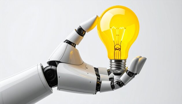 An illuminated light bulb held by an AI robot hand, representing innovation