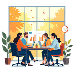 Professionals collaborate on laptops in an autumn office setting with charts and falling leaves