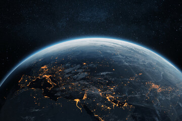 Stunning view of Earth from space at night, showing glowing city lights across Europe, the Middle East, and Asia. Planet Earth illuminated under a starry sky.