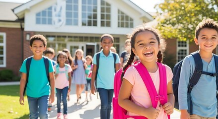 Group of diverse schoolchildren smiling and walking outside of school building on a sunny day
