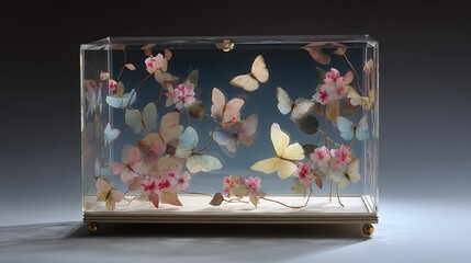 Enchanting glass display case filled with a vibrant assortment of preserved butterflies and delicate flowers