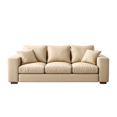 Fototapeta premium Cozy beige sofa on terrace with cushions, perfect for relaxation and outdoor gatherings in modern home settings