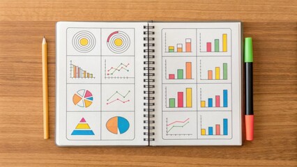 An open notebook on a wooden table displays colorful graphs and charts alongside a pencil and markers.