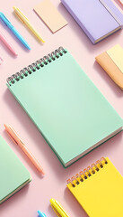 Pastel Stationery Flat lay Colorful Notebooks Arrangement with Pens on Pink Background