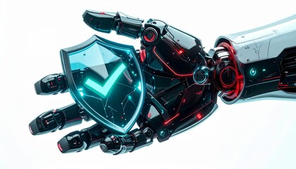 A robotic hand holding a glowing shield symbol. The futuristic imagery suggests protection and security. 