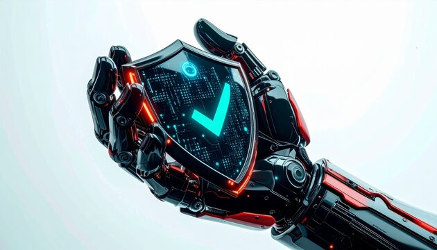 A robotic hand holding a security shield, symbolizing digital protection and cyber defense. The shield features a checkmark, and the hand is detailed and metallic.