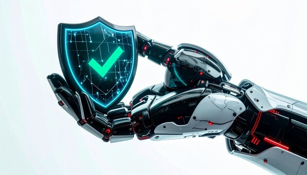 Robotic hand holding a digital shield with a check mark symbolizing security and protection