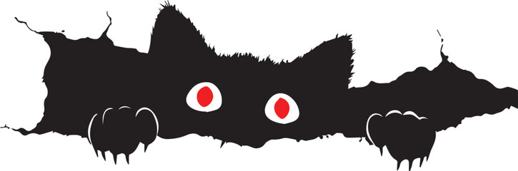 Black Silhouette of a Curious Cat Peeking Through a Paper Hole with Paws Gripping Edge