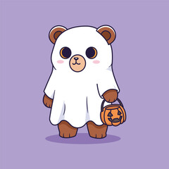 Cute Bear in a Ghost Costume with Pumpkin Basket for Halloween vector illustration