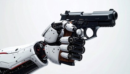 A futuristic robotic arm firmly holding a pistol, a symbol of technological advancement and security
