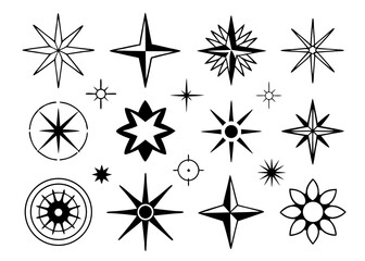 Collection of stylized star and compass rose elements for modern design projects and navigation themes
