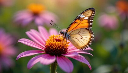 Obraz premium A beautiful butterfly with orange wings landed on a pink flower in a summer garden.