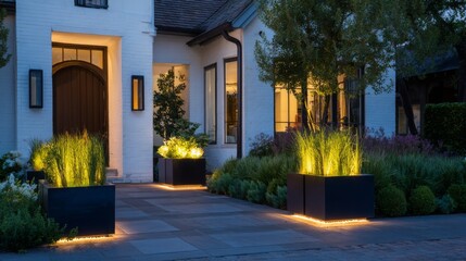Modern entryway illuminated by stylish garden planters at dusk in a contemporary home