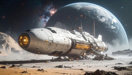 Fototapeta premium A futuristic spaceship standing on an alien planet, with a large planet visible in the distance
