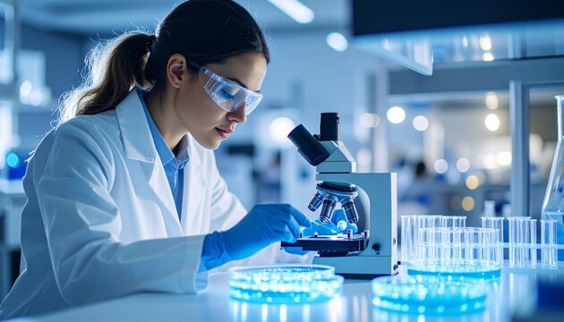 A female scientist using a microscope for research in a modern lab. She is focused and dressed in a lab coat, gloves, and safety glasses