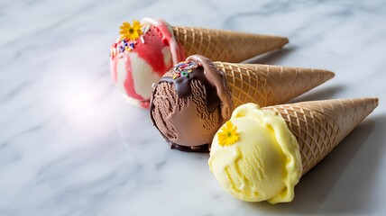 Sweet Symphony of Flavors: A delightful array of ice cream cones, each a unique blend of colors and tastes. These cones are a sweet treat perfect for any occasion.
