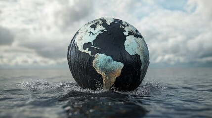 Oil-covered Earth globe floats in dark ocean water, symbolizing pollution and environmental disaster.