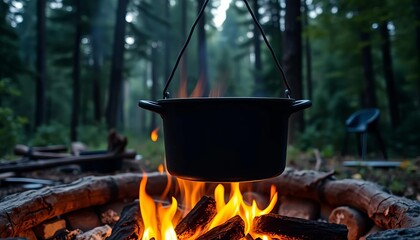 Black cast iron pot hangs over crackling campfire flames, surrounded by lush forest , survivalist, fire