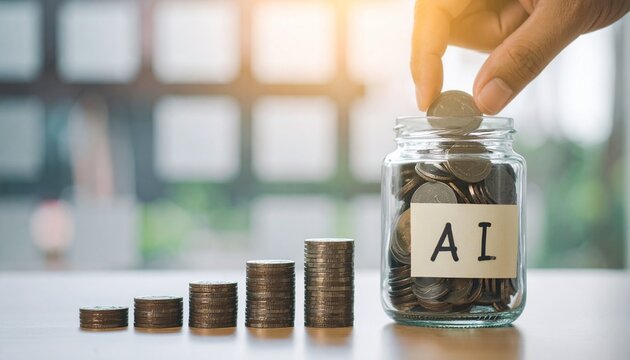 Investing in artificial intelligence: A hand is dropping a coin into a jar labeled AI with stacks of coins representing growth - Powered by Adobe