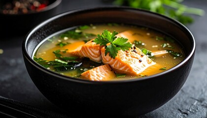 Miso Soup With Salmon. Old Japanese Cuisine.