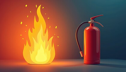 Fototapeta premium Vibrant Contrast of Stylized Fire and a Realistic Red Fire Extinguisher