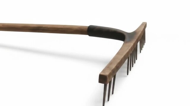 Wooden rake with metal tines, blurred, angled against white