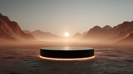 Futuristic landscape with a glowing circular platform against a desert backdrop at sunset, featuring mountains and a serene sky.