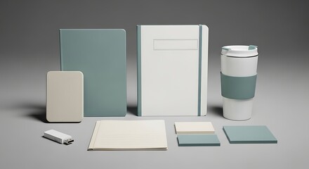 Modern stationery mockup with notebooks, notepad, usb, coffee cup and business cards