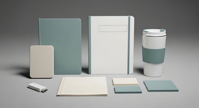 Modern stationery mockup with notebooks, notepad, usb, coffee cup and business cards