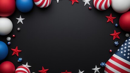 Patriotic celebration frame with red, white, and blue decorations featu stars and stripes arranged on a dark background creates a festive atmosphere.