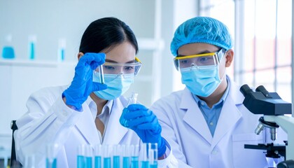 Two scientists working together in a laboratory. The scientists are conducting experiments and wearing protective gear, with microscopes in sight