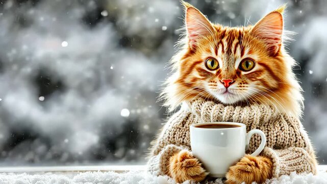 Cozy Cat's Winter Delight: A ginger cat with warm eyes, clad in a cozy sweater, holds a steaming cup of coffee amidst a serene, snowy backdrop, capturing the warmth and peace of winter.