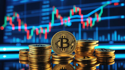 Stacks of Bitcoin Cryptocurrency Coins with Stock Market Chart Background – Digital Currency Investment Concept