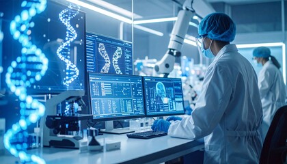 A scientist conducting experiments in a modern laboratory, surrounded by advanced technology and monitors with data visualization