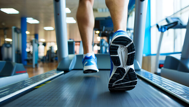 Person running on treadmill blue athletic shoes fitness exercise
