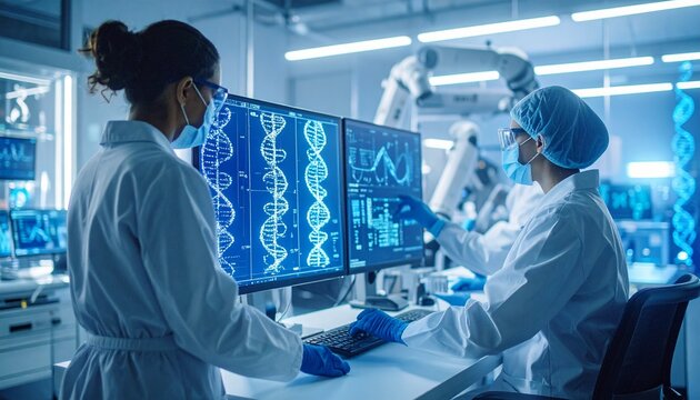 Scientists collaborating in a high-tech laboratory, examining data on monitors