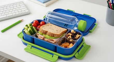A blue and green lunchbox filled with a sandwich, vegetables, and dried fruit on a white desk