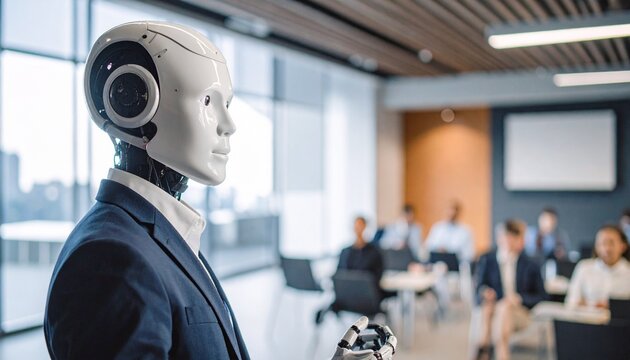 A sophisticated robot observing an office meeting