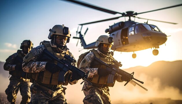 Soldiers advance towards a helicopter in a desert at sunset