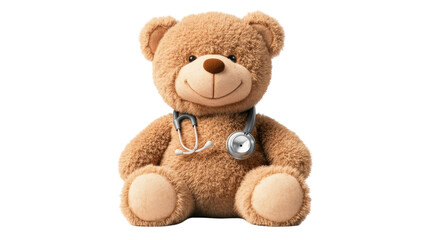 Obraz premium Teddy Bear Wearing Stethoscope Cute Toy Doctor Concept Isolated on White Background