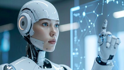 Naklejka premium A futuristic humanoid robot with a touch screen