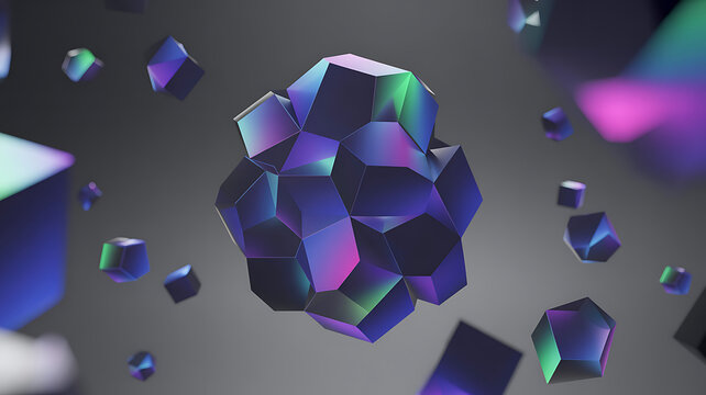 Abstract geometric polyhedron with iridescent colors floating in a dark background