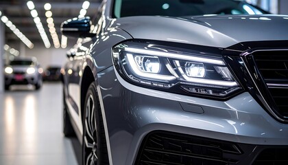 Close-up of a silver car's sleek headlight design, showcasing modern automotive aesthetics in a showroom setting