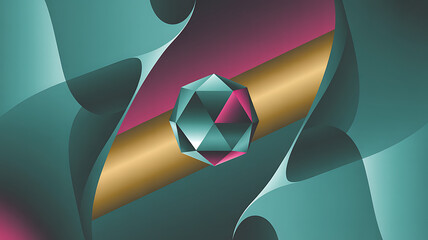 A shimmering teal and pink geometric crystal floats within a golden tube surrounded by flowing teal s