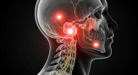 TMJ Disorder and Nerve Pain in Human Head: Anatomical Illustration with Red Hotspots