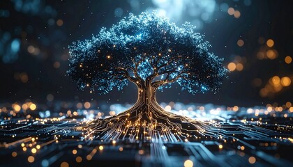 A digitally rendered tree with glowing lights, representing the fusion of nature and technology. The roots are intertwined with a circuit board and create a unique visual experience