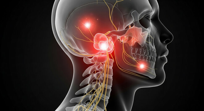 TMJ Disorder and Nerve Pain in Human Head: Anatomical Illustration with Red Hotspots