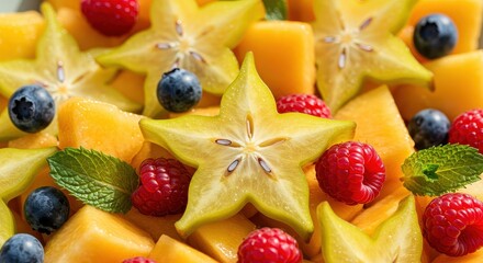 Colorful Assortment of Fresh Fruits Including Starfruit, Raspberries, Blueberries, and Melon Cubes for Healthy Eating